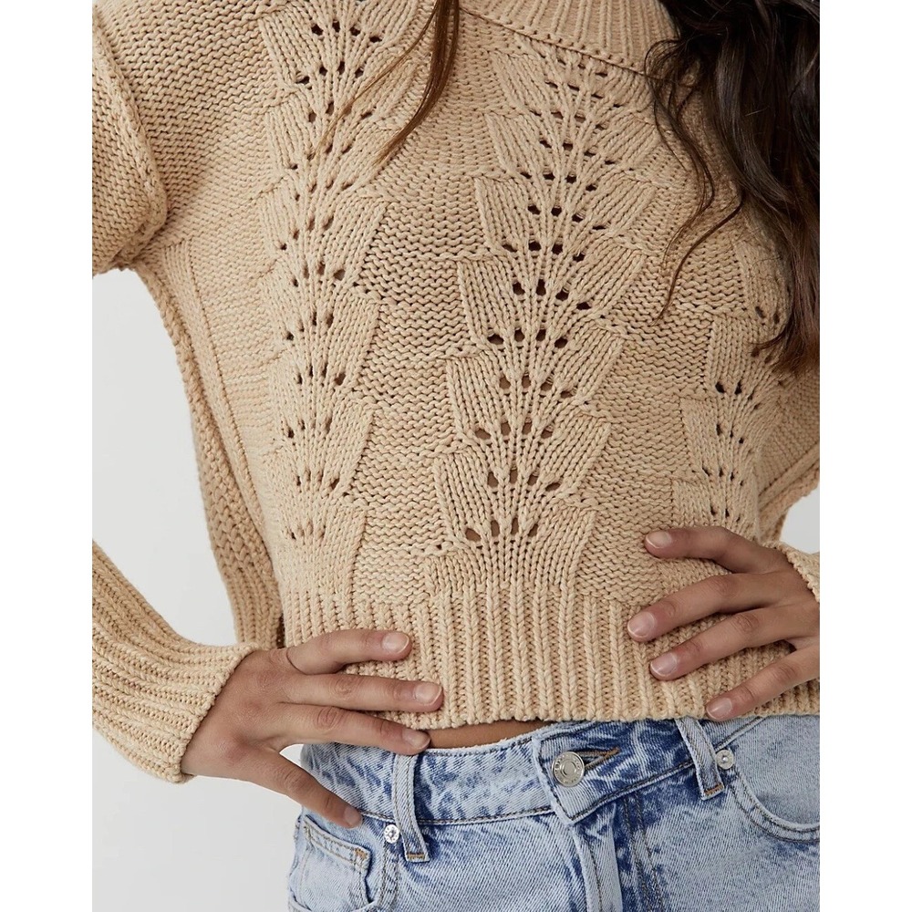 Free People Cropped Pullover Sweater Bell Song Crew Neck Open Knit Tan Small - Picture 5 of 15